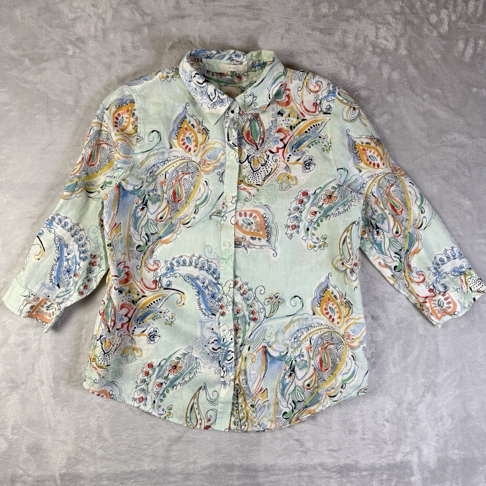 Chico's 100% Linen Paisley Top Size 0 Small Blue Summer Spring Whimsy Button‎ Up